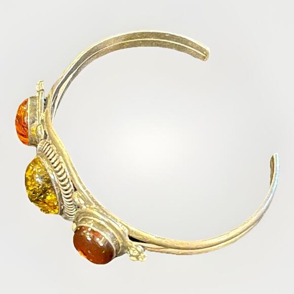 Signed Navajo Sterling Silver Amber Gemstone Cuff Bracelet 925 Native American - Picture 10 of 15